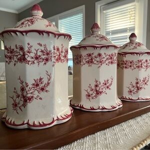 3pc Stoneware Canister Set Cream Cranberry Floral Toile French Country Kitchen